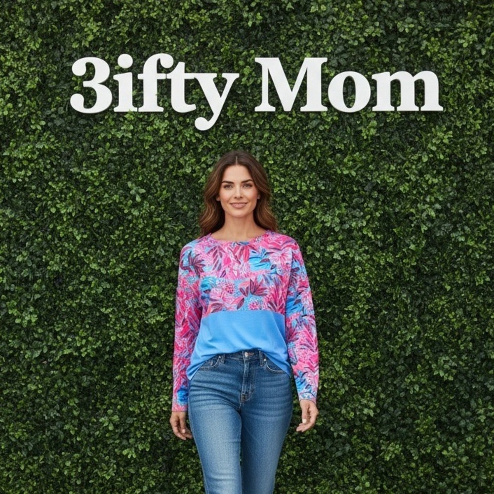 Lilly Pulitzer Finn Top Blue Ibiza Tropical Floral Colorblock Long Sleeve Top SM